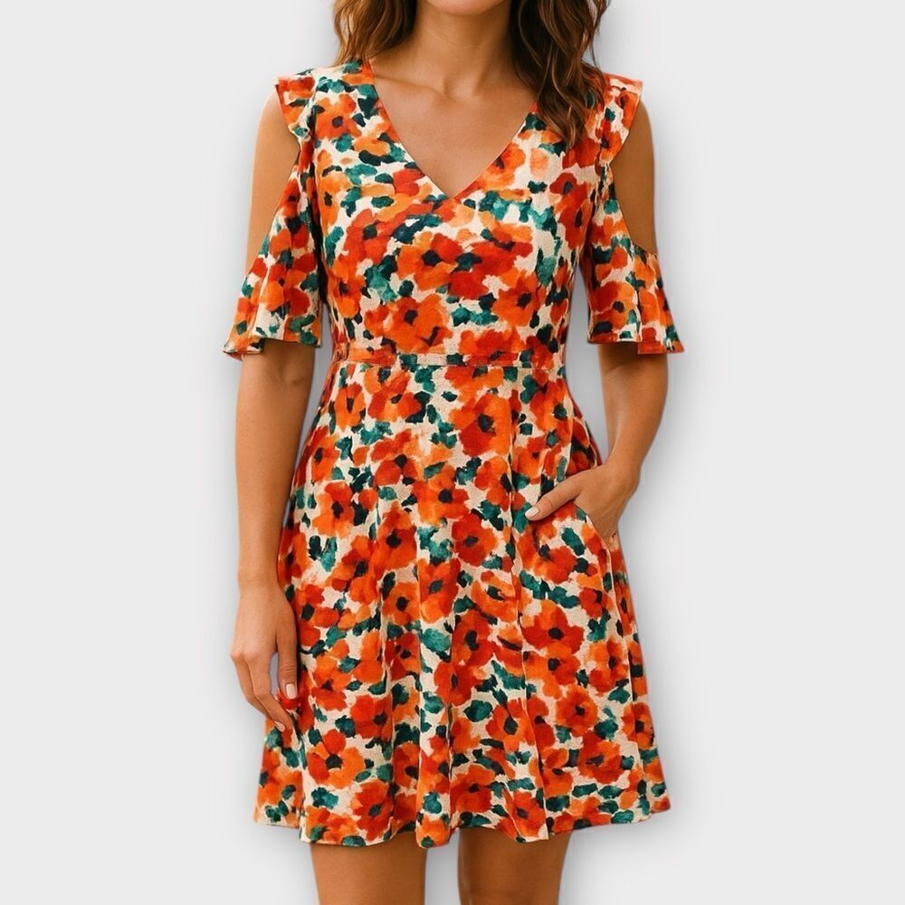 Lark & Ro Floral Cold Shoulder Fit and Flare Dress Large